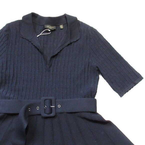 NWT Ted Baker Aleee in Navy Blue Belted Knit Collared Skater Dress 3 / US M $279 - Picture 5 of 11